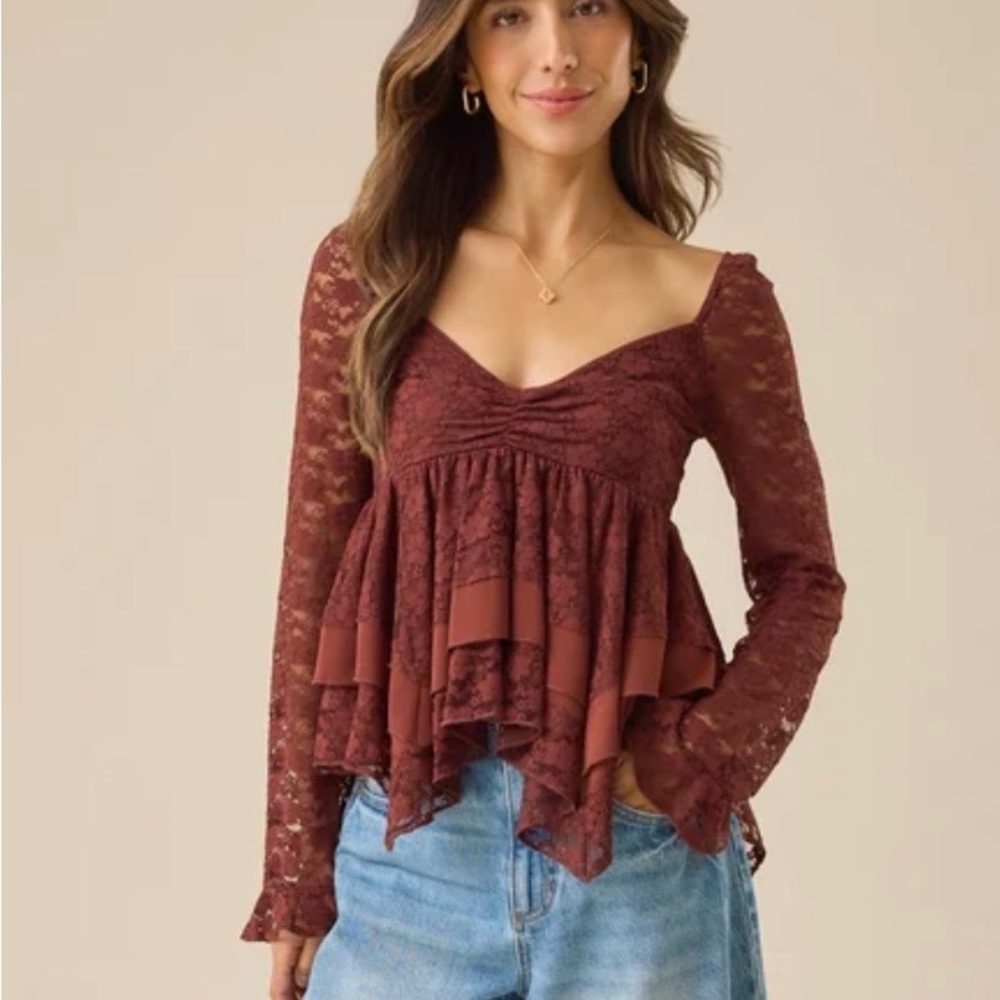Altar'd State Brown Lace Peplum Blouse